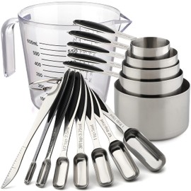 Measuring Cups and Spoons Set Stainless Steel Including 5 Heavy Duty Measuring Cup 7 Measuring Spoons with 1 Leveler and 1 Plastic Measuring Cup for Cooking and Baking