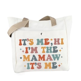 WCGXKO Mamaw Gift Mamaw Grandma Tote Bag It's Me Hi I'M The Mamaw It's Me Beach Bag Mother’s Day Gift for Grandma (Hi Mamaw Tote), Beige
