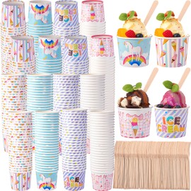 Ninehaoou 300 Set 6 oz Ice Cream Paper Cups with Spoons Bulk Colorful Disposable Dessert Cups Sundae Containers Disposable Dessert Bowls for Ice Cream and Yogurt Birthday Wedding Party