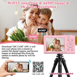 SOPPY Digitalkamera 64MP Fotokamera FHD 1080P Kompaktkamera, 2,8'' LCD Bildschirm Vlogging Kamera mit 32G Karte,16-fachem Digitalzoom Minikamera für Jungen Mädchen Kinder Anfänger, Rosa