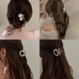 Mini Pearl Hair Clips for Women, 5 PCS Small Hair Claw Clip Strong Hold,Banana Jaw Clip Barrettes Nonslip,Hair Accessories Set Birthday Wedding Gift for Girl Thick Thin Curly Hair