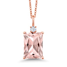 Gem Stone King 18K Rose Gold Plated Silver Peach Simulated Morganite Pendant Necklace For Women | Emerald Cut 14X10MM | 6.41 Cttw | With 18 Inch Silver Chain