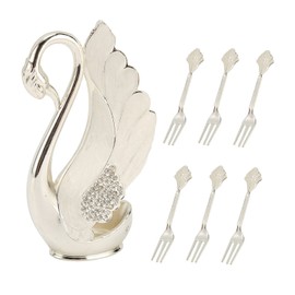 Coffee Spoon Holder Coffee Dessert Spoon Set Alloy Swan Base Holder Spoon Organizer with 6pcs, Modern Ice Cream Spoons Teaspoons Coffee Dessert Flatware(Fork)