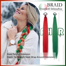Braid Ponytail Extension with Hair Ties 26" Colored Braided Hair Extensions Braiding Colorful Straight Sleek Wrap Around Extensions Hair Ponytail Extension Christmas Hair Accessories (Red Green)