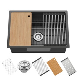 Black Kitchen Sink Workstation,28"x19" Stainless Steel Undermount Single Bowl Sink Built-in Ledge Drop In Workstation Sink For Placing/Sliding Accessories-Cutting Board,Drying Rack,Colander