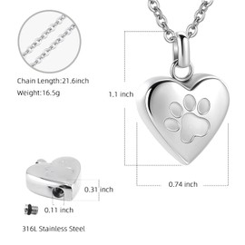 Pet Heart Cremation Jewelry For Ashes For Dog/Cat Paw Stainless Steel Memorial Locket Urn Necklace Paw Print Pet Heart Urn Necklace Memorial Keepsake Jewelry Ashes