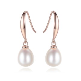 Bellitia Jewelry Pearl Earrings Silver Dangle Earrings Women's Rose Gold-Plated Silver 925 Drop Hook Earrings with Pearls Pearl Earrings Hanging with Real Freshwater Pearls, Sterling Silver, Pearl