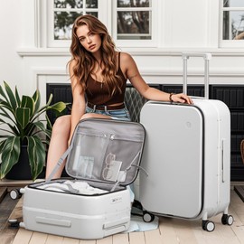 mixi 20 Inch Carry On Luggage 22x14x9 Airline Approved PC Hard Shell Suitcase Top Opening Aluminum Frame Travel Suitcases with Wheels, Smoke White