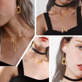 Focalook Women's Necklace 26 Letters A B C with 1.2 mm 55 cm Snake Chain Bamboo Style Cool Jewellery Gold/White Gold/Black Colour Plated