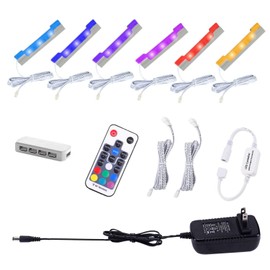AIBOO LED Under Cabinet Bookshelf Lights Kit for Glass Edge Shelf Back Side Lighting Using Flexible Cable and Clip with RF Remote(6 Lights,RGB)