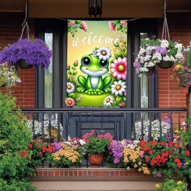 HOMETITUTE Spring Summer Welcome Frog Garden Flag 28 x 40 Inch Double Sided House Flag with Cute Cartoon Frog and Floral Design for Yard Porch Outdoor Decor