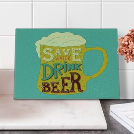 Ambesonne Retro Cutting Board, Save Water Drink Beer Quotes on Foamy Glasses Sixties Style Fun Party Drinks Alcohol, Decorative Tempered Glass Cutting and Serving Board, Small Size, Multicolor