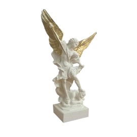Saint Michael the Archangel Statue -White Figurine with crown, sword and wings golden Hand painted - H 8,26 in