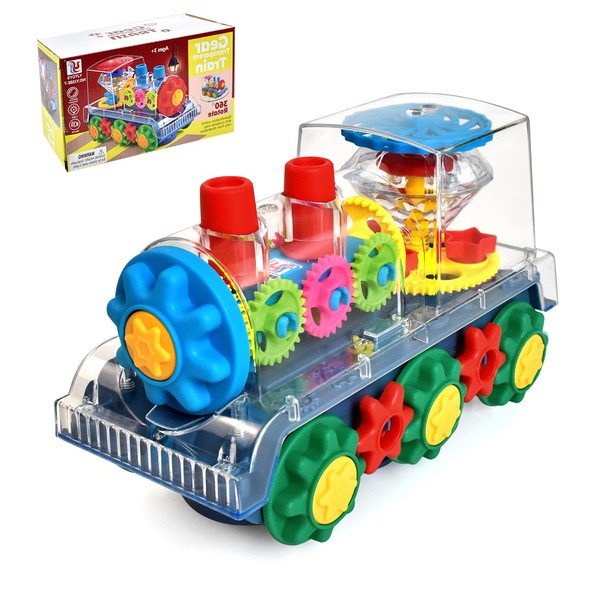 Tuko Gear Train Toy Light Up Music Electric Train Toy Transparent Rotating Mechanical Gear Train for Kids Educational Toy for 3+ Years old Boy and Girl Gift (Train)