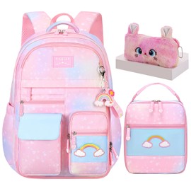 Jcobvig 3Pcs Kids Backpack For Girls,Cute Rainbow Student School Backpack With Lunch Bag Pen Bag Set (Pink Medium 16.5in