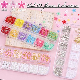 editTime 3D Colorful Flower Nail Art Charms, White Pink Acrylic Cherry Blossom Spring Petal Metal Gold Silver Round Caviar Beads Studs Pearl Rhinestones for Manicure Craft DIY (19-K5-mixed 4)