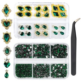24pcs Green Luxury Nail Charms +2000pcs Emerald Green Rhinestones 3D Big Nail Gems Glass Nail Crystals Diamonds Jewelry Stones Alloy Nail Art Studs Decor Supplies Heart Charms for Arylic Nails Crafts