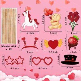 Leesgel 42 Pieces Valentine's Day Photo Booth Props, Valentines Wedding Photo Booth Prop with Sticks and Banner, Red Heart Party Decorations Supplies Accessories