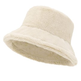 Women Plush Fluffy Bucket Hat Warm Lining Winter Faux Fur Cozy Wide Brim Winter (Beige)