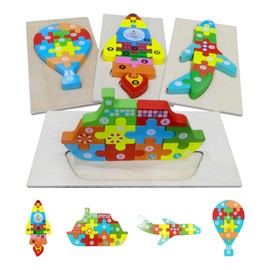 Toddler Puzzles,Set of 4,Wooden Jigsaw Puzzle Toys for 2 3 4 5 Year Old Baby Boys Girls Gift,Montessori Preschool Learning Educational Toy [ Color & Shape Cognitive Skill ] (Sea & Air Vehicle Puzzle)