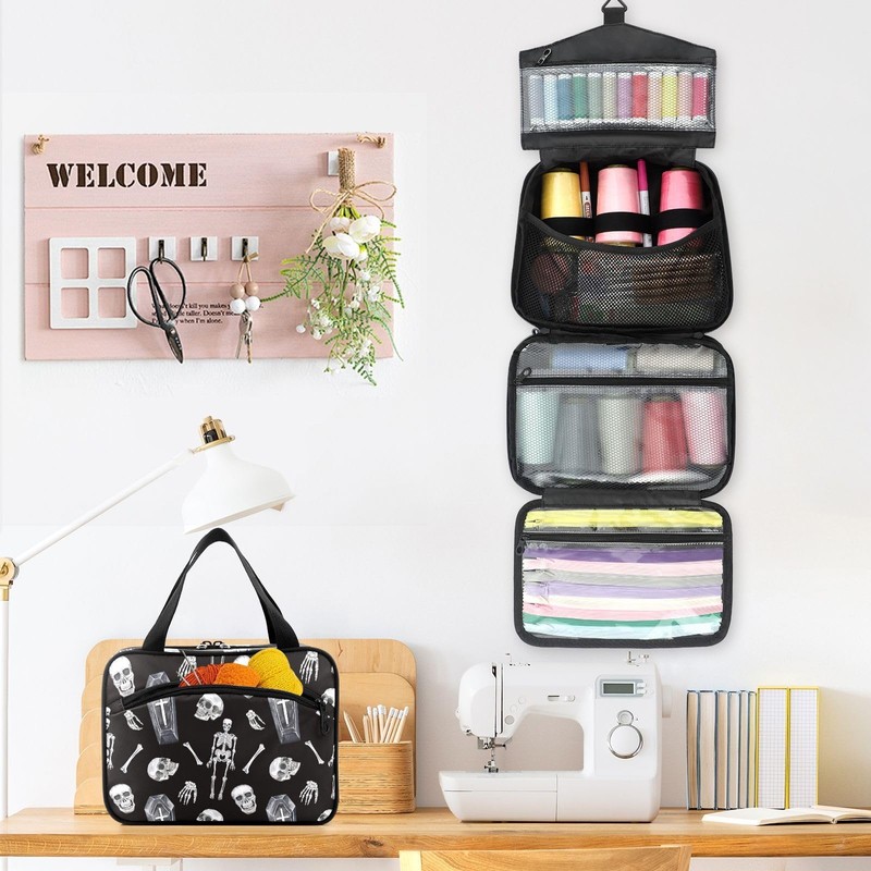 YNNALE Sewing Supply Organizer Bag, Gothic Skull Skeleton Coffin Black