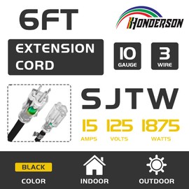 HONDERSON 6FT Lighted Outdoor Extension Cord - 10/3 SJTW Heavy Duty Black Extension Cable with 3 Prong Grounded Plug for Safety,UL Listed