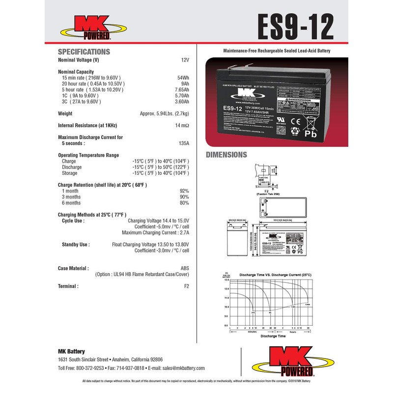 MK Battery ES9-12 Maintenance-Free Rechargeable Sealed Lead-Acid Battery