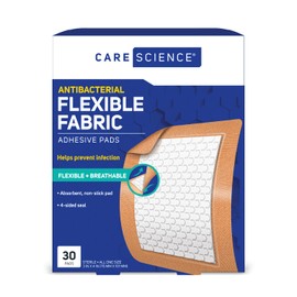 Care Science Fabric Adhesive Pad Bandages, 3x4 inches Extra Large Flexible Non-Stick Strip, Helps Prevent Infection, Breathable Protection, for First Aid & Wound Care, 30 Count