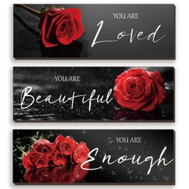 3 Pieces Red Roses Wall Decor Inspirational Red Bathroom Decor Wooden Wall Art Positive Quotes You Are Loved You Are Beautiful You Are Enough for Teen Girls Women Office Bedroom(Red Rose 12 x 4 Inch)