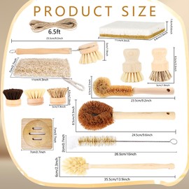 15 Pcs Bamboo Dish Brush Set with 65 Ft Hemp Rope Wooden Palm Pot Brush Sisal Bristles Natural Cup Scrubber Loofah Sponge Draining Tray for Pans, Bottle, Sink Kitchen Cleaning