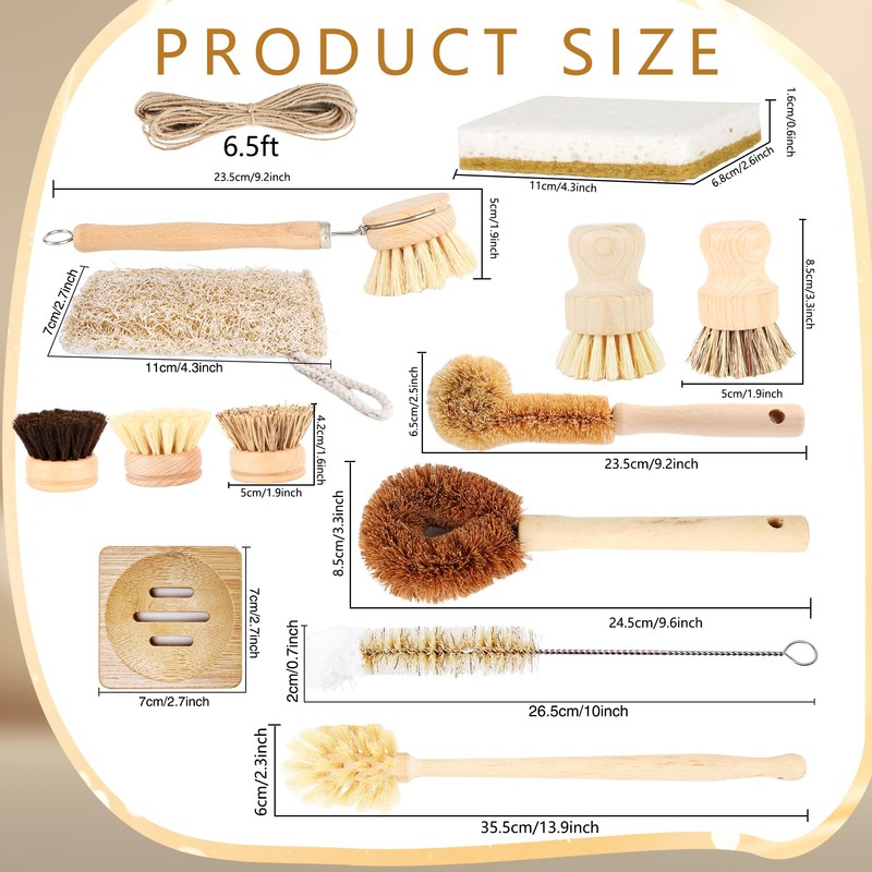 15 Pcs Bamboo Dish Brush Set with 65 Ft Hemp