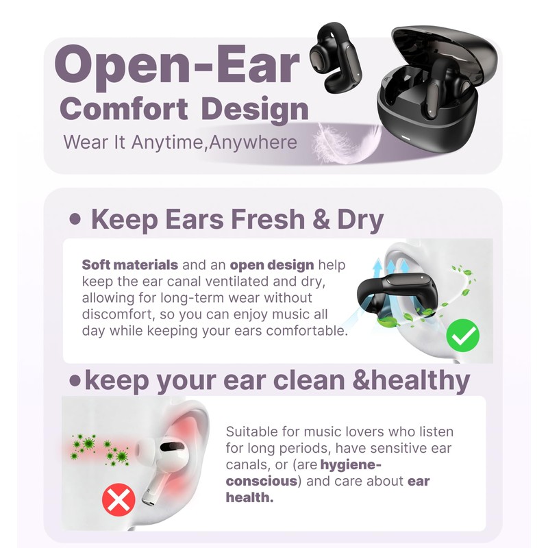 Hmusic A24 TWS AI ENC Clip-on Earbuds, Open Ear Bluetooth