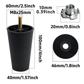 bociloy 4PCS 4 Inch Plastic Furniture Legs, Round Tapered M8 Thread Sofa Couch Chair Feet Leg Replacement with M8 Hanger Bolts and T-Nuts, Black