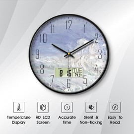 SCOAGE Digital Calendar Clock with Large Display Blue White Wave Silent Digital Wall Clock Battery Operated with Day and Date Temperature for Room Bathroom Bedroom Living Room Farmhouse Decor 12 Inch