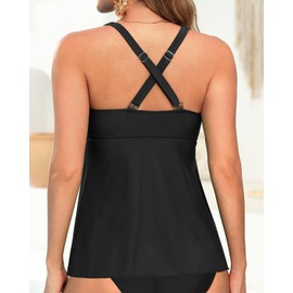 Tempt Me Women Tankini Top Only Flowy Swim Tops V Neck Bathing Suit Top Black L