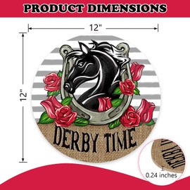 Bolisom Kentucky Derby Time Front Door Sign, Horse Racing Horseshoe Rose Flowers Wood Door Hanger Outdoor Outside Porch Decor, Grey Stripes Rustic Wooden Wreath Indoor Wall Hanging Decoration