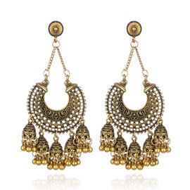 Silver Indian Earrings Women Boho Ball Chandelier Tassel Statement Dangle Earrings Wedding Bridal Bell Jewelry Gifts Indian Suits Dresses Outfits