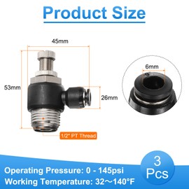 sourcing map 3pcs Air Flow Control Valve 6mm Tube OD x 1/2" PT Thread Push to Connect Fitting Air Line Fitting Elbow 90 Degree Speed Control Valve Adapter Fitting