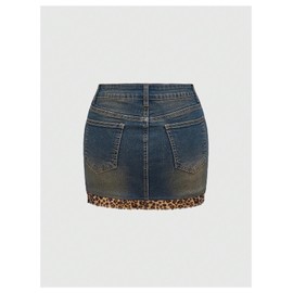 MakeMeChic Women's Leopard Print Skinny Fit Vintage Y2K Denim Bodycon Short Mini Skirts Dark Grey Large