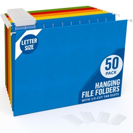 50 Pack Hanging File Folders Letter Size - A4 Colored Hanging Folders for Filing Cabinet with 1/5-Cut Adjustable Tabs Files for Filing Cabinet Organizer File Hangers for Files Cabinets with Hooks