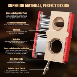 XIFEI Cigar Cutter V-Cut Guillotine 3 in 1 Straight Cut V Cutter with Cigar Punch Stainless Steel Blade Ergonomic Design Secure-Lock Cigar Clipper,Cuts Up to 60 Ring Gauge Cigars (Gold)