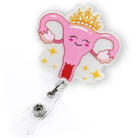 Cute Crowned Uterus Badge Reel Retractable for Labor and Delivery Nurse, Gynecology Badge Reel, L&D Badge Clip, Funny OB/GYN Ovaries Badge Holder with Alligator Clip & 24” Durable Nylon Cord | Acrylic
