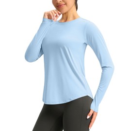Womens UPF50+ Tops Long Sleeve Crew Neck Sun Protecrion Shirts Quick Dry Athletic Outdoor Running UV Rash Guard(Light Blue,X-Large)