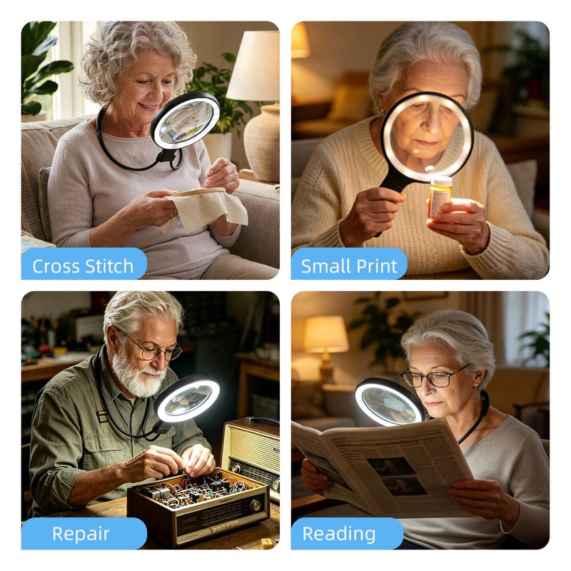 Dilzekui 5X&10X Neck Handheld 2-in-1 Magnifying Glass for Reading w/Light