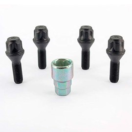 H&R Wheel Lock Set M12 x 1.50 x 30 mm Taper Collar Black - 4 Wheel Lock Screws with Adapter