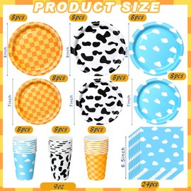 Havawish 96Pcs Cartoon Story Birthday Party Supplies 24Pcs 7" 9" Cartoon Story Paper Plates 24Pcs Cups and 24Pcs Napkins for Tableware Decorations Cow Print Sky Cloud Baby Shower Birthday Party Favors