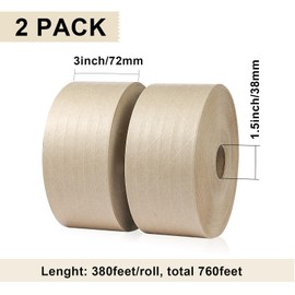 BOMEI PACK Water Activated Kraft Paper Reinforced Gummed Tape, 2 Pack 3 inch x 380 ft, for Heavy Duty Secure Packing Shipping