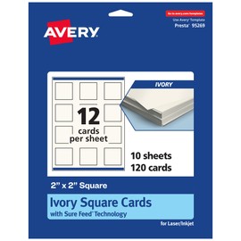 Avery Printable Square Business Cards with Sure Feed Technology, 2" x 2", Ivory Cardstock, Print-to-the-Edge, Laser/Inkjet Cards, 120 Total
