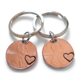 Double Keychain Set 2019 US One Cent Penny Keychains with Heart Around Year; 6 Year Anniversary, Couples Keychain