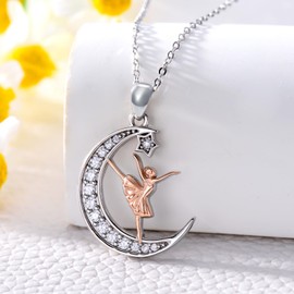 PROESS Ballet Necklace 925 Sterling Silver Moon Ballerina Pendant Chain Ballet Dance Jewelry for Women Dancer
